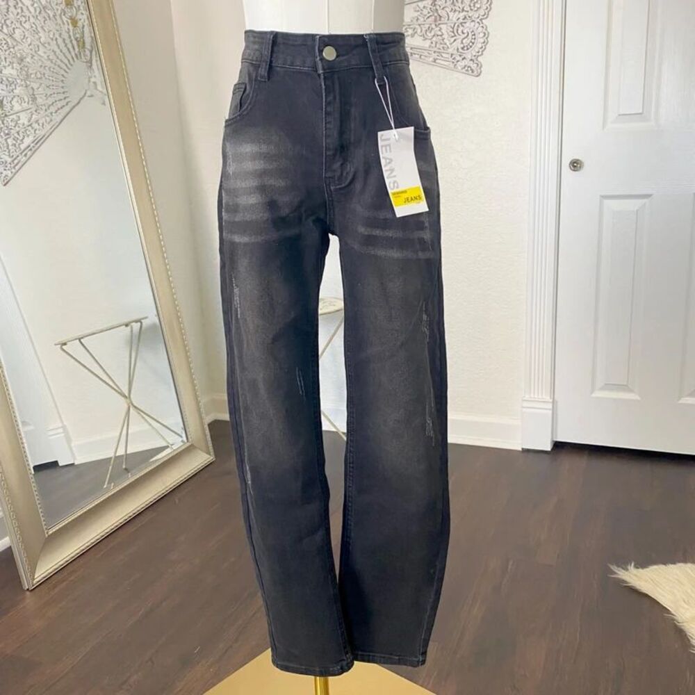 NWT Black Gray Distressed High Waisted Loose Mom Jeans Size S